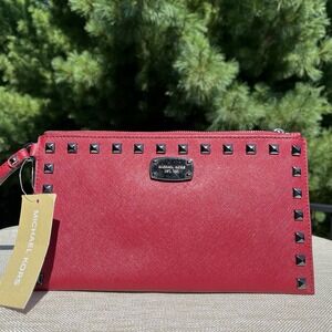 Michael Kors Clutch Saffiano Stud Leather‎ Zip Wristlet Cherry Red Chrome Studs